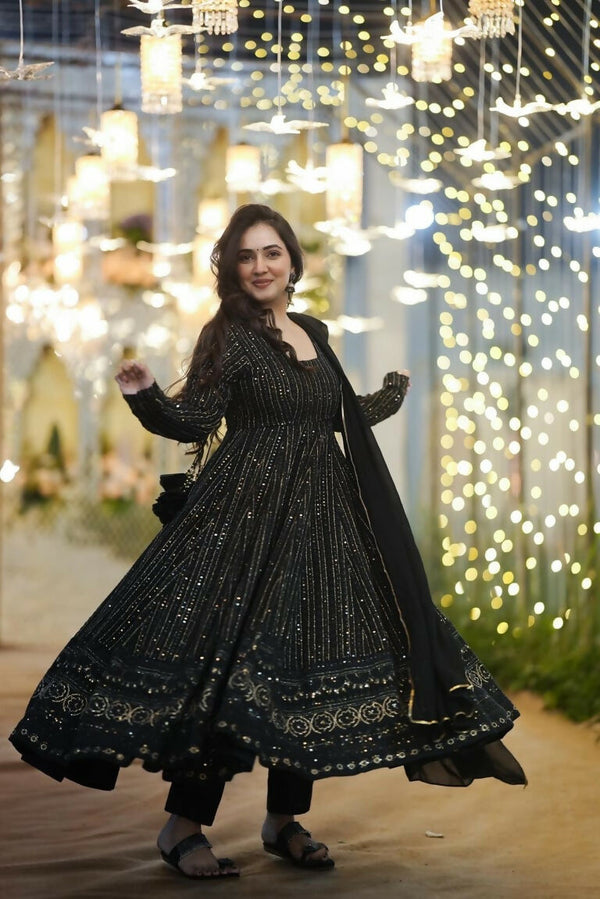 Jyoti Fashion Women's Black Faux Georgette Zari Embroidery with Sequence Anarkali Dress with Dupatta - Distacart