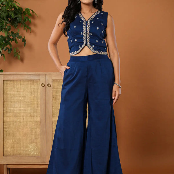 Yufta Embroidered Blue Waistcoat Co - Ord Set With Attached Lining - Distacart