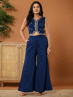 Thumbnail for Yufta Embroidered Blue Waistcoat Co - Ord Set With Attached Lining