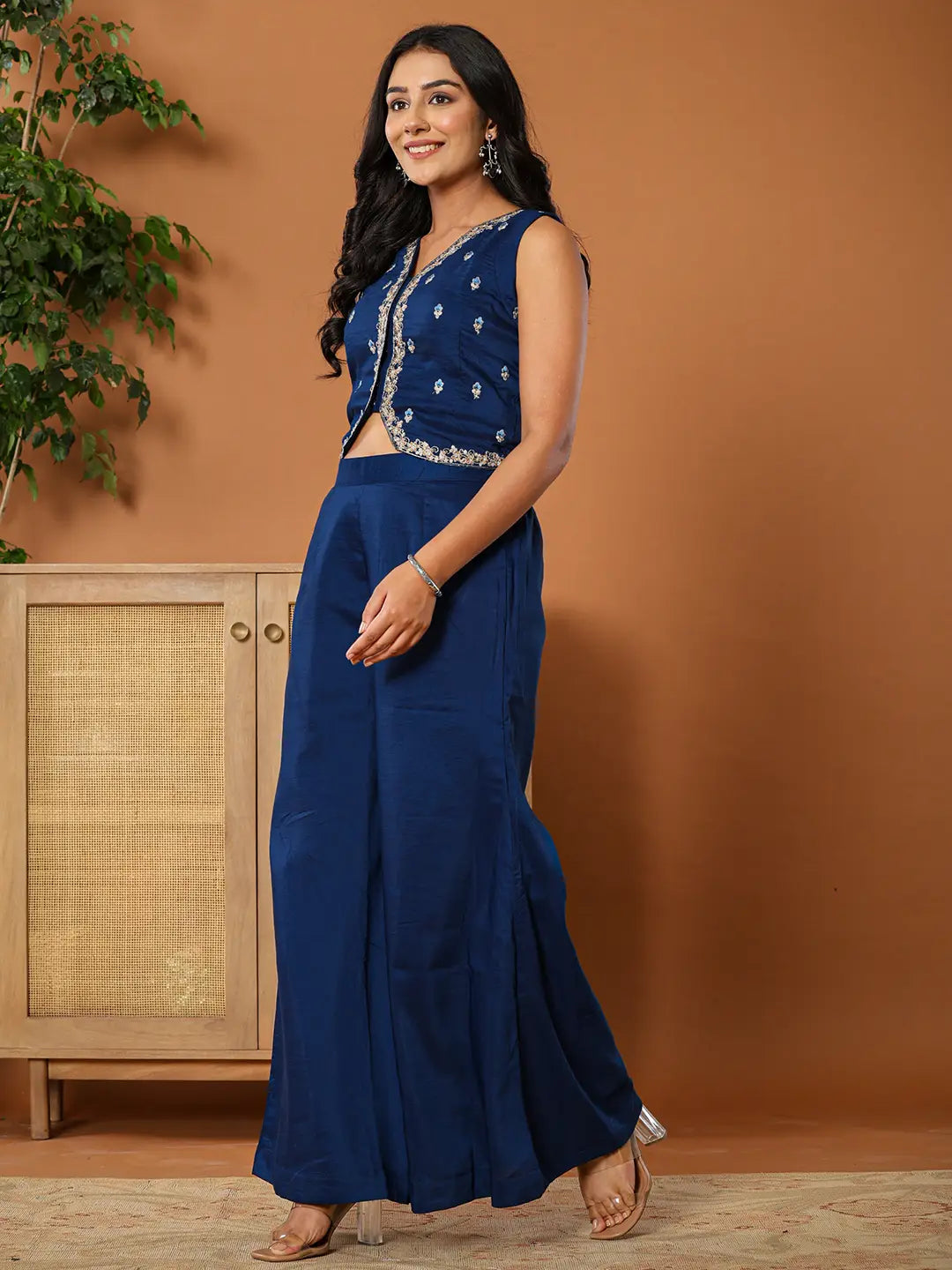 Yufta Embroidered Blue Waistcoat Co - Ord Set With Attached Lining - Distacart