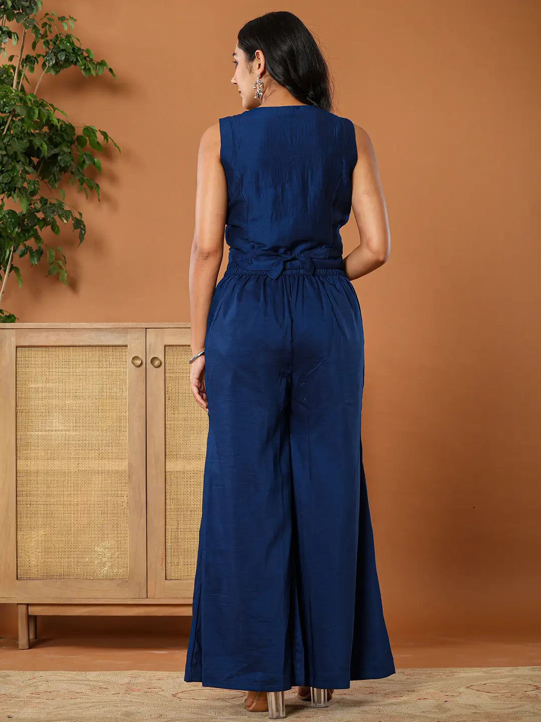Yufta Embroidered Blue Waistcoat Co - Ord Set With Attached Lining