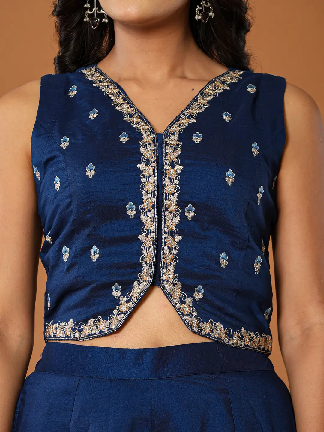 Yufta Embroidered Blue Waistcoat Co - Ord Set With Attached Lining