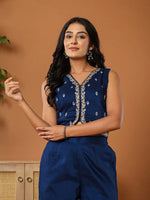Thumbnail for Yufta Embroidered Blue Waistcoat Co - Ord Set With Attached Lining