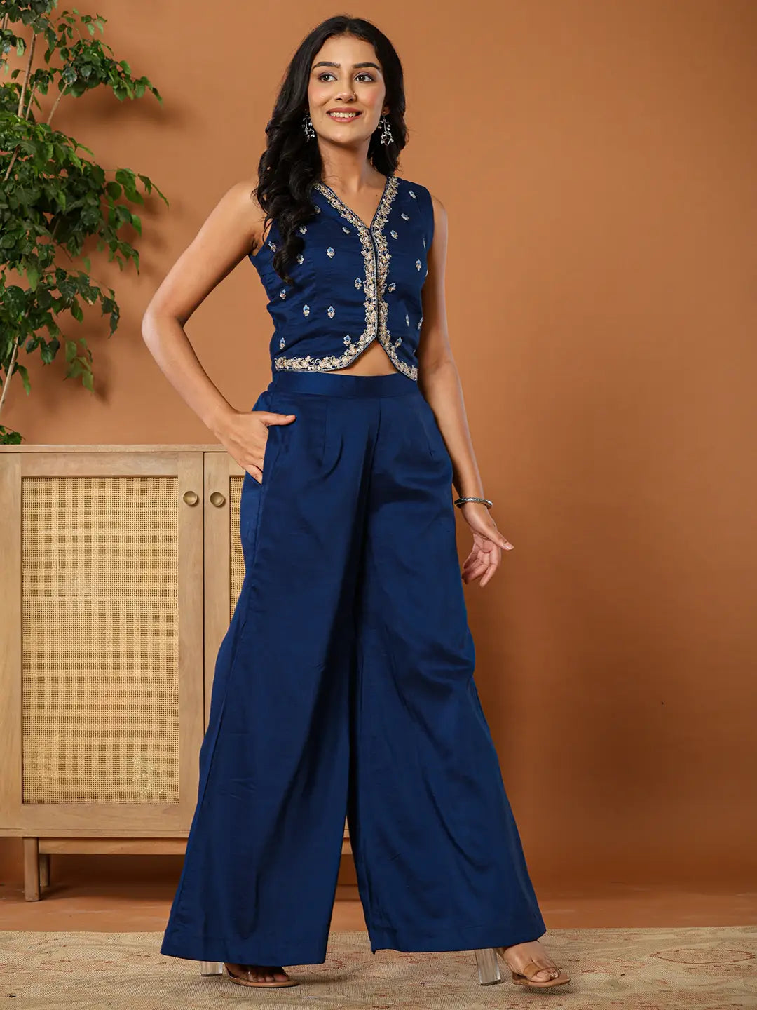 Yufta Embroidered Blue Waistcoat Co - Ord Set With Attached Lining