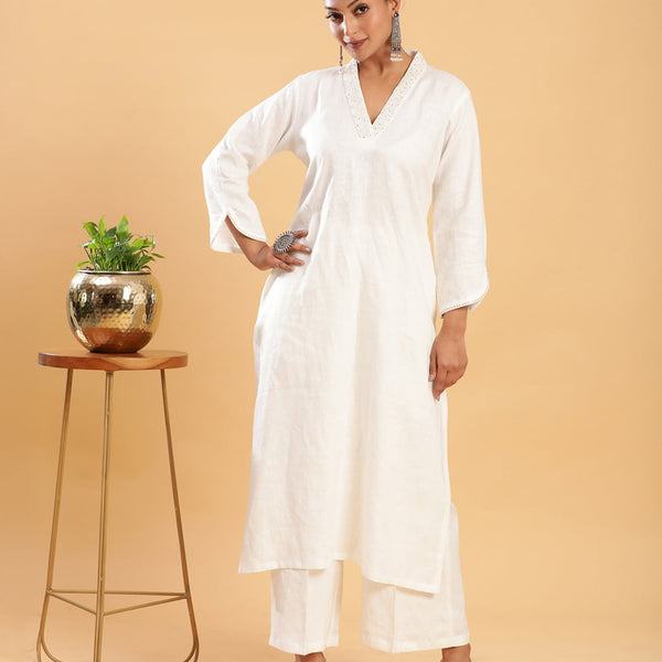 BohoJazz Classic Signature Hand-Embroidered Kurta Pant - White