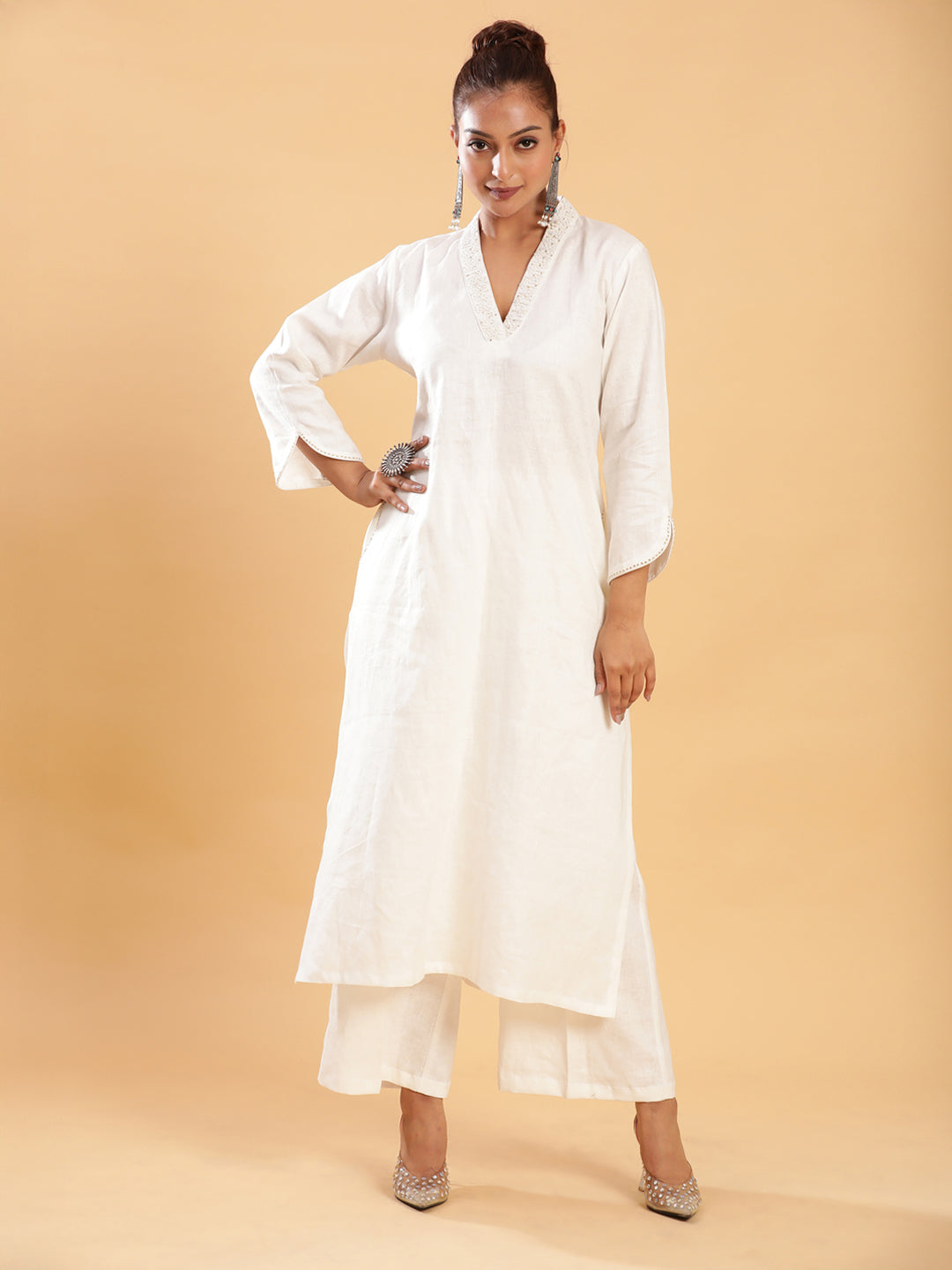 BohoJazz Classic Signature Hand-Embroidered Kurta Pant - White