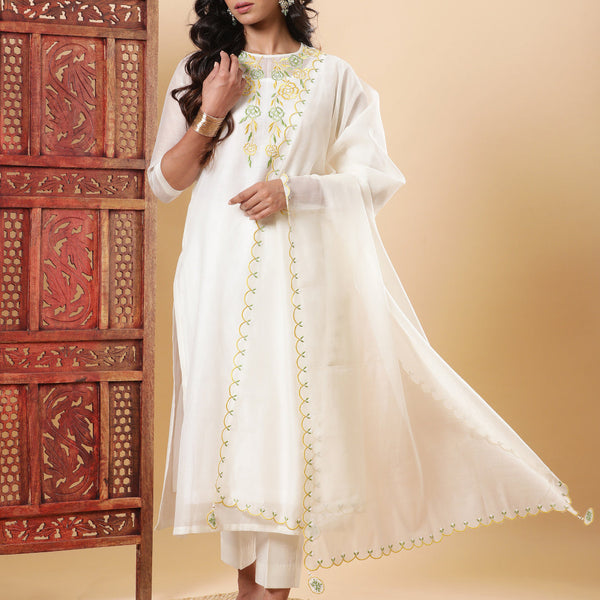 BohoJazz Nazm Embroidered Kurta Pants with Dupatta - Ivory