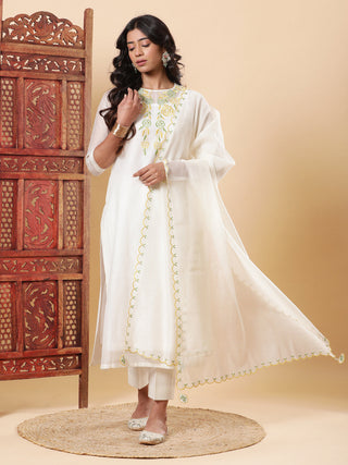 BohoJazz Nazm Embroidered Kurta Pants with Dupatta - Ivory