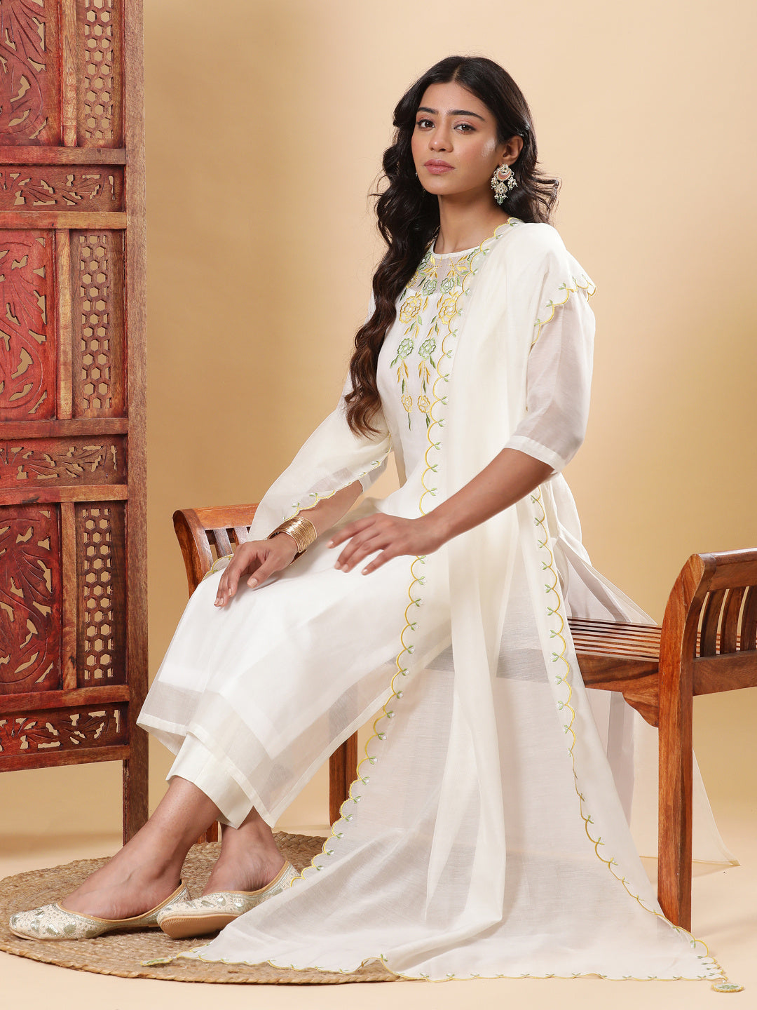 BohoJazz Nazm Embroidered Kurta Pants with Dupatta - Ivory