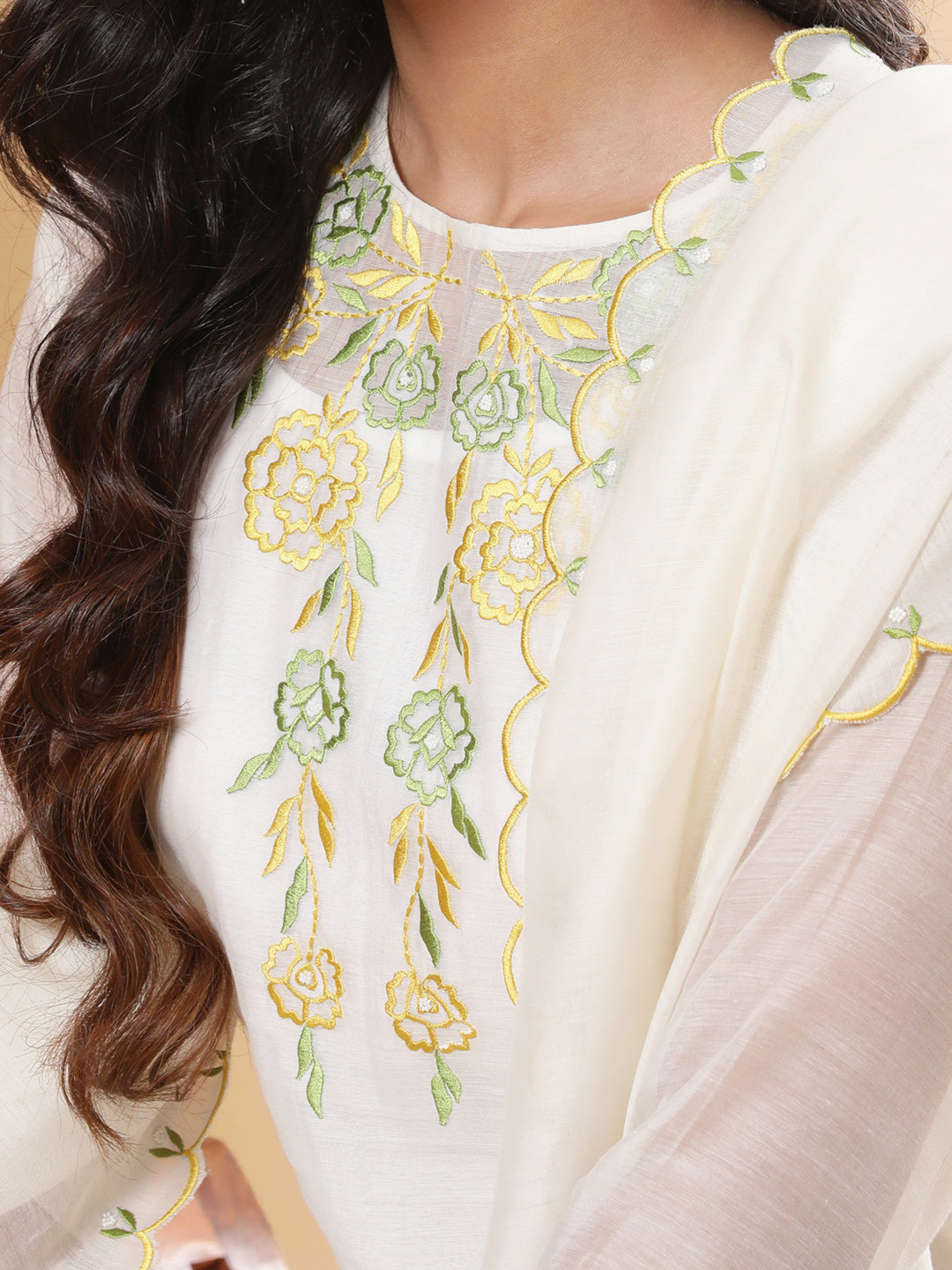 BohoJazz Nazm Embroidered Kurta Pants with Dupatta - Ivory