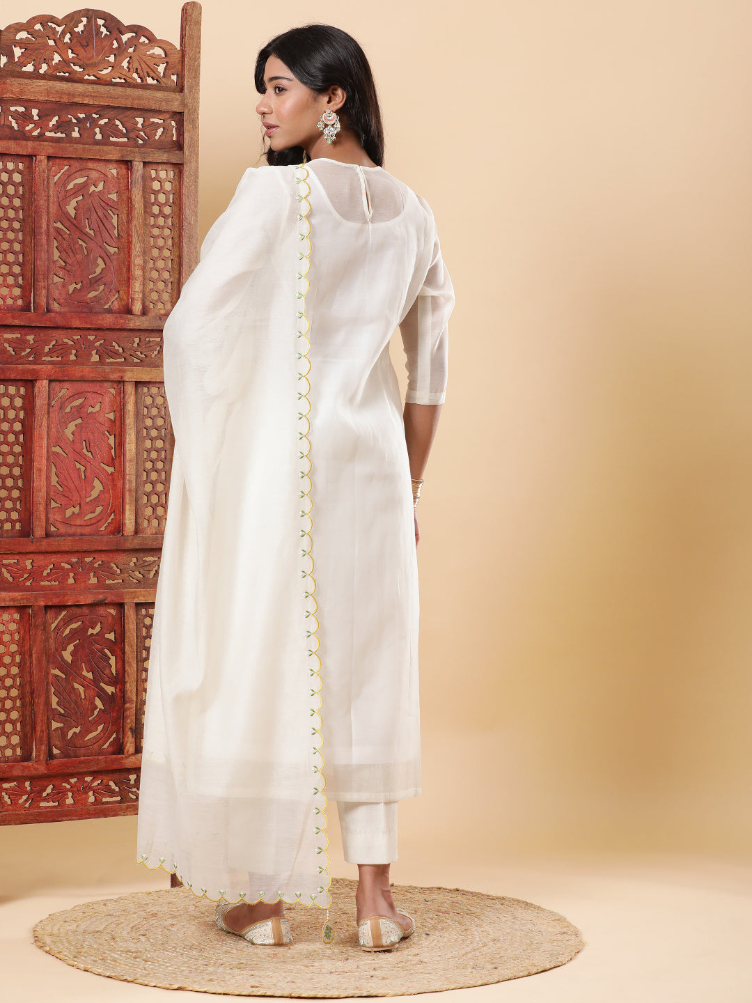 BohoJazz Nazm Embroidered Kurta Pants with Dupatta - Ivory