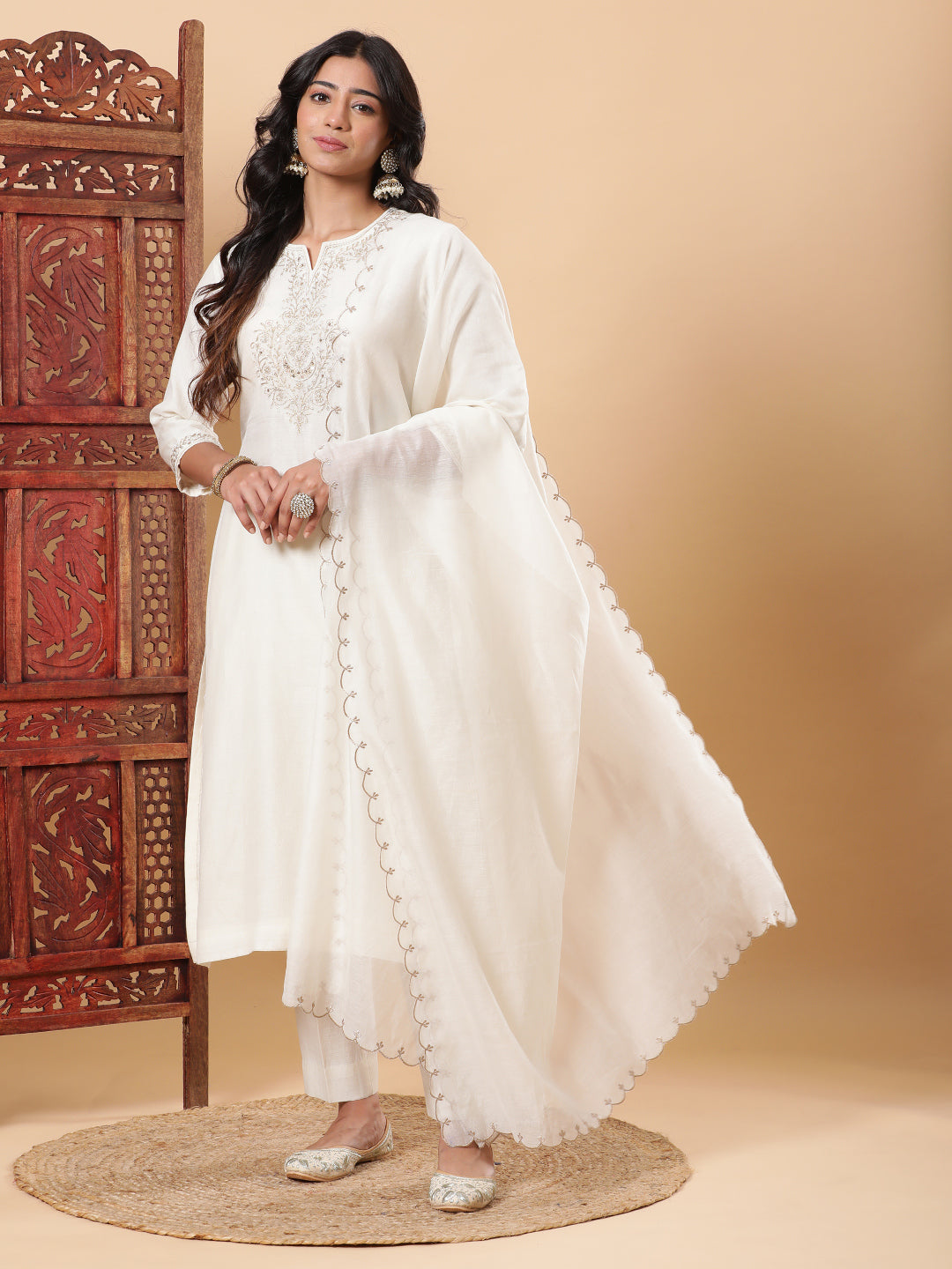 BohoJazz Sunehri Embroidered Kurta Pants with Dupatta - Ivory