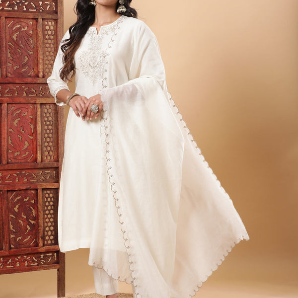 BohoJazz Sunehri Embroidered Kurta Pants with Dupatta - Ivory