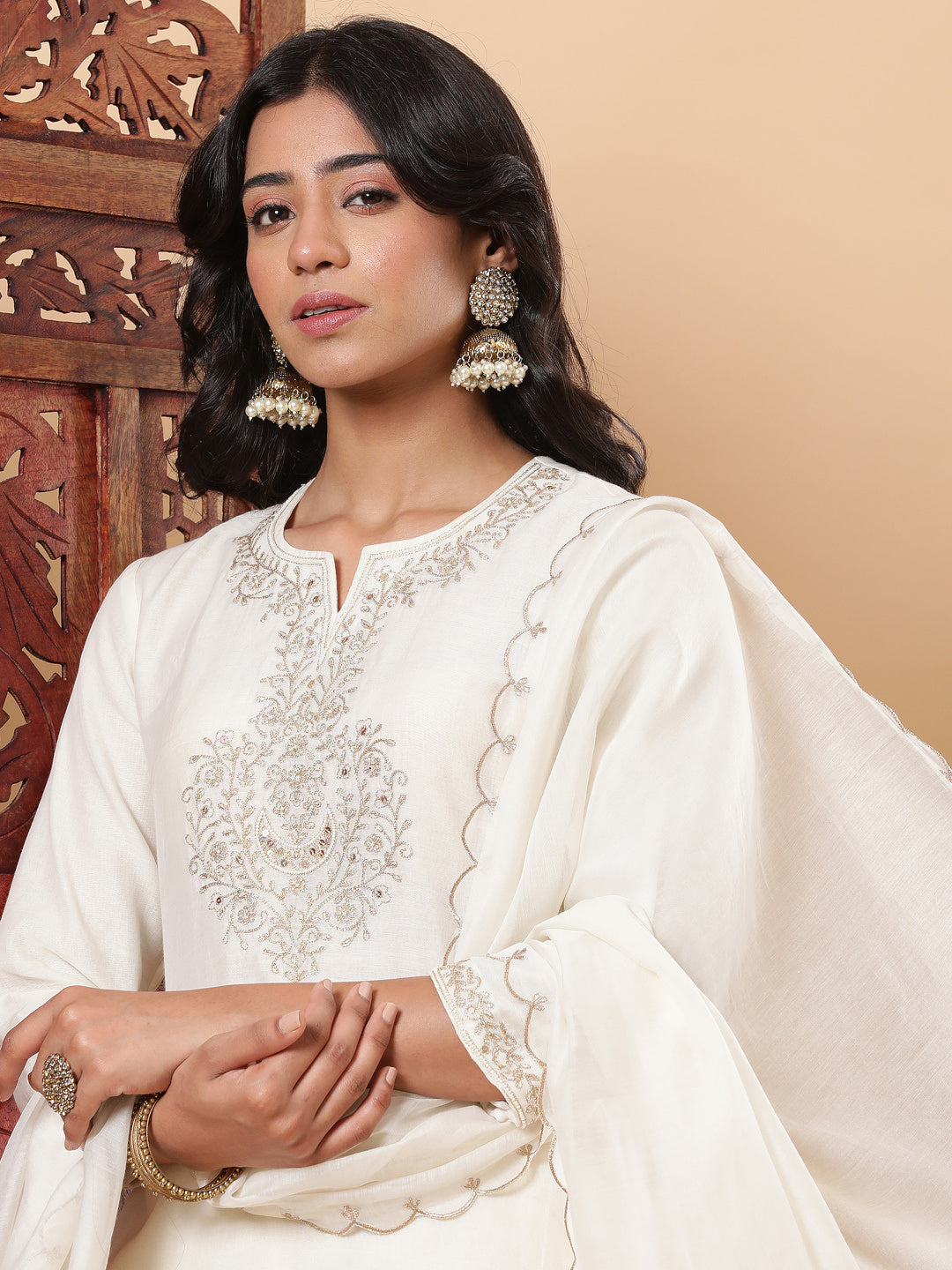 BohoJazz Sunehri Embroidered Kurta Pants with Dupatta - Ivory