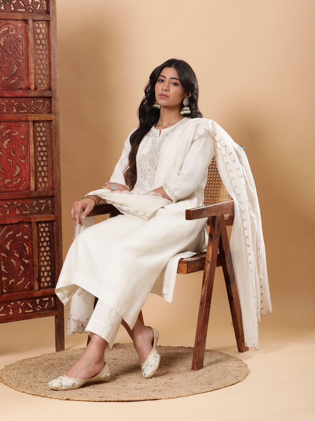 BohoJazz Sunehri Embroidered Kurta Pants with Dupatta - Ivory