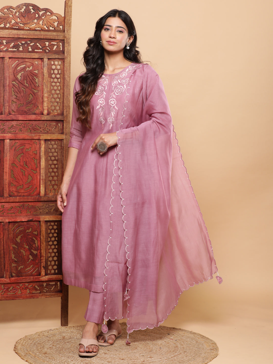 BohoJazz Nazm Embroidered Kurta Pants with Dupatta - Mauve