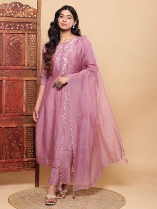 BohoJazz Nazm Embroidered Kurta Pants with Dupatta - Mauve
