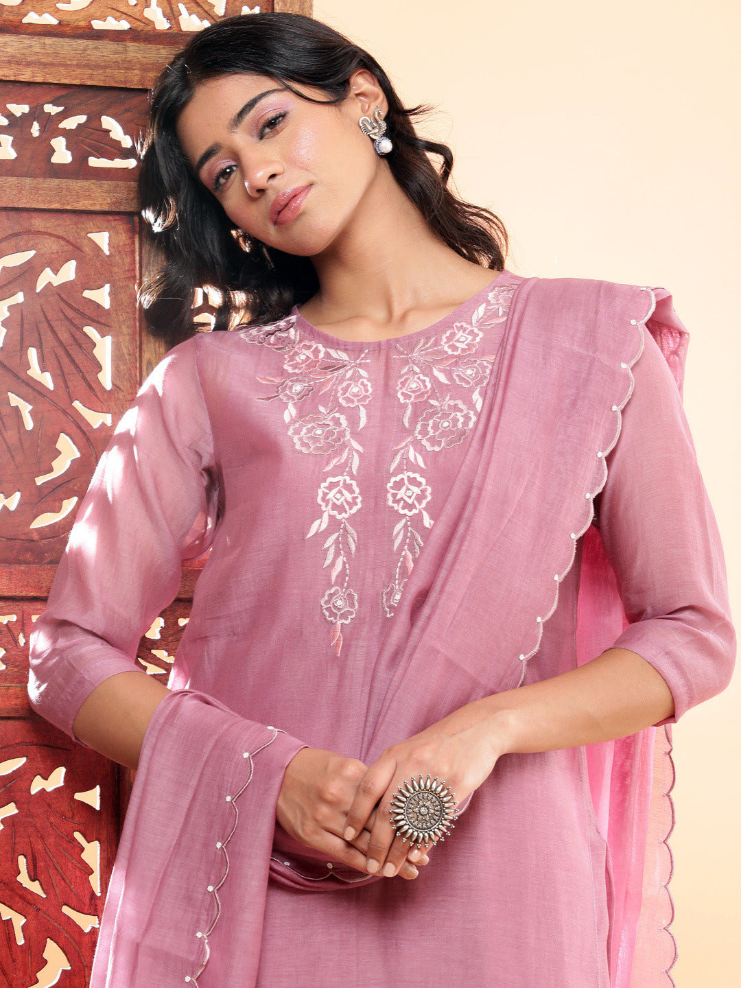 BohoJazz Nazm Embroidered Kurta Pants with Dupatta - Mauve