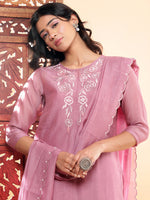 Thumbnail for BohoJazz Nazm Embroidered Kurta Pants with Dupatta - Mauve