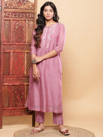 Thumbnail for BohoJazz Nazm Embroidered Kurta Pants with Dupatta - Mauve
