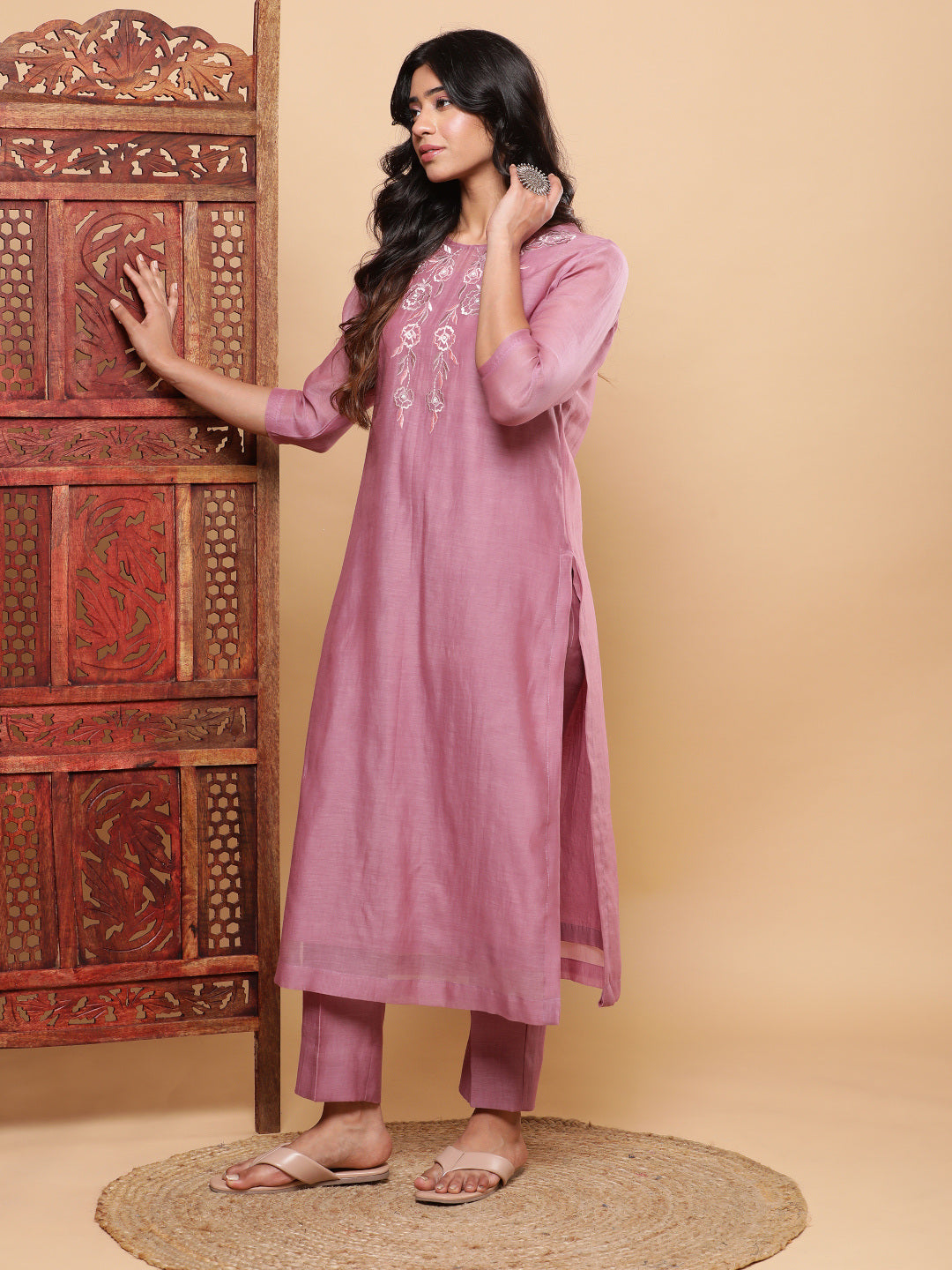 BohoJazz Nazm Embroidered Kurta Pants with Dupatta - Mauve