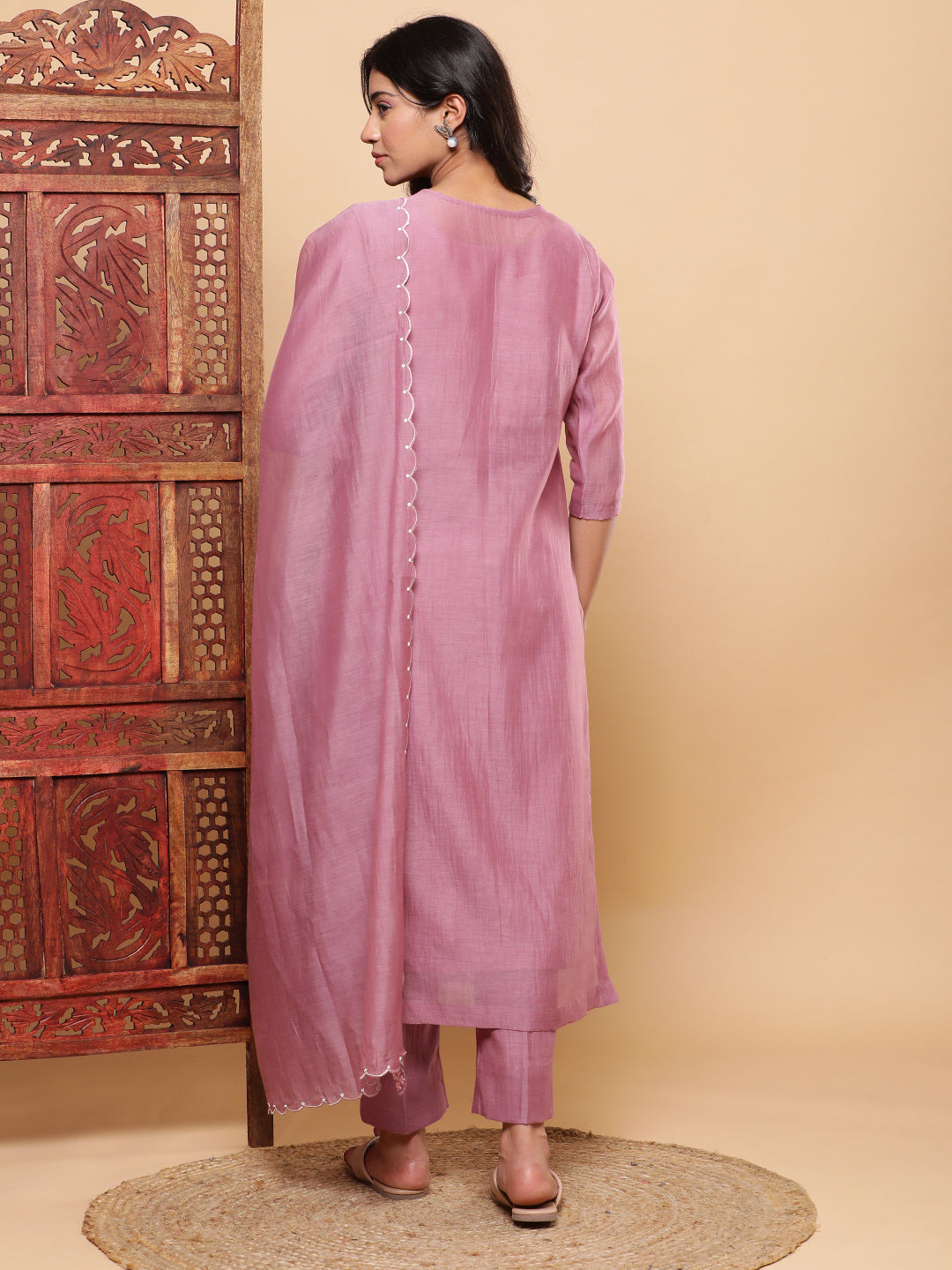 BohoJazz Nazm Embroidered Kurta Pants with Dupatta - Mauve