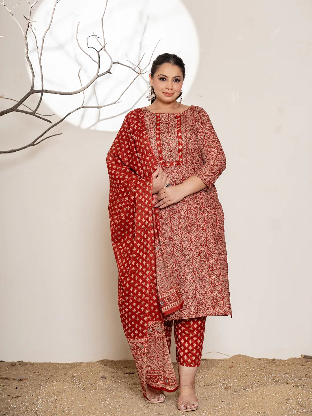 Yufta Maroon Embroidered Cotton Plus Size Kurta Dupatta Set - Distacart