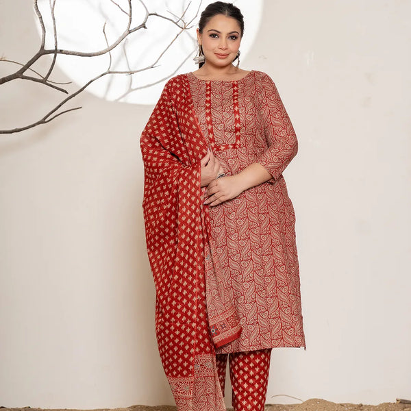 Yufta Maroon Embroidered Cotton Plus Size Kurta Dupatta Set - Distacart