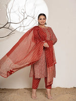 Thumbnail for Yufta Maroon Embroidered Cotton Plus Size Kurta Dupatta Set