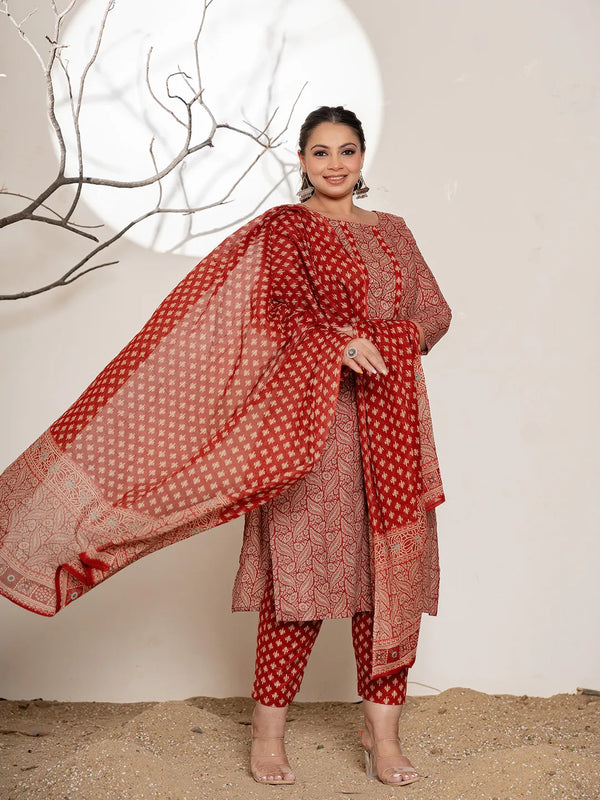 Yufta Maroon Embroidered Cotton Plus Size Kurta Dupatta Set