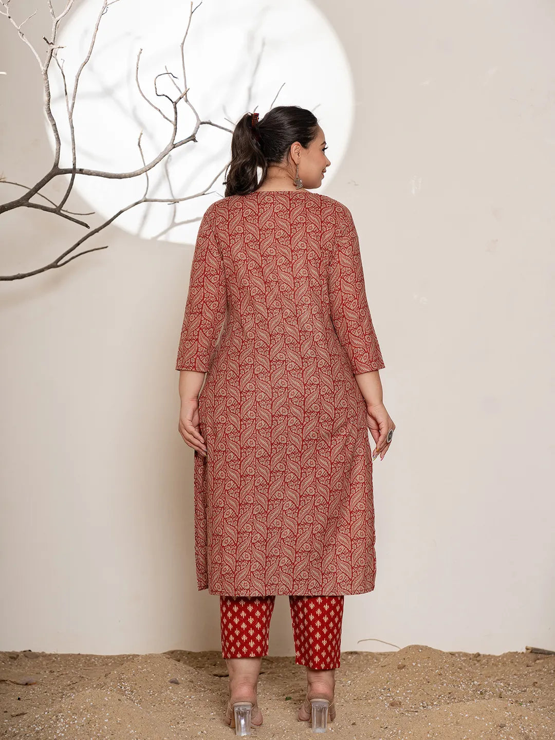 Yufta Maroon Embroidered Cotton Plus Size Kurta Dupatta Set