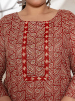 Thumbnail for Yufta Maroon Embroidered Cotton Plus Size Kurta Dupatta Set