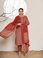 Thumbnail for Yufta Maroon Embroidered Cotton Plus Size Kurta Dupatta Set