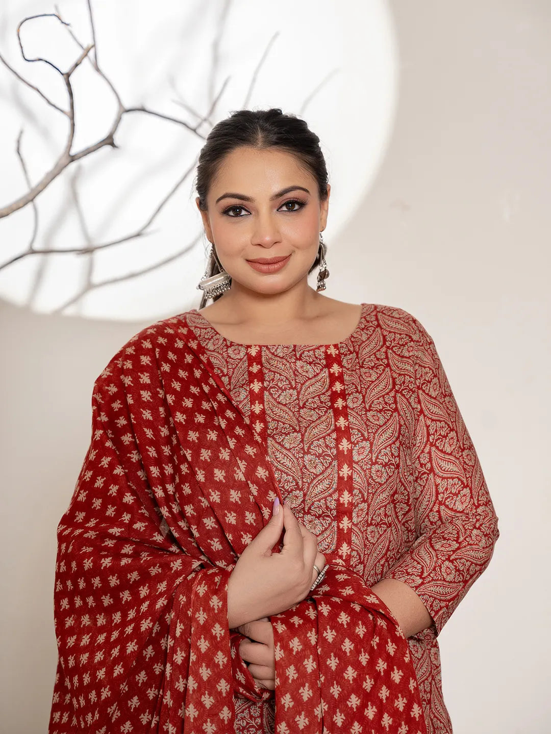 Yufta Maroon Embroidered Cotton Plus Size Kurta Dupatta Set