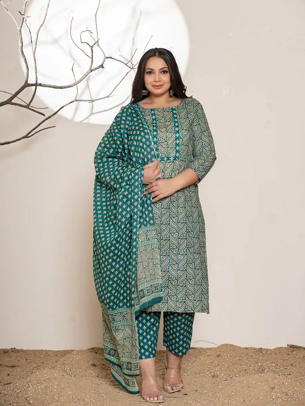 Yufta Teal Green Embroidered Cotton Plus Size Suit Set