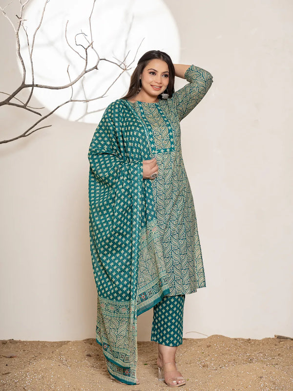 Yufta Teal Green Embroidered Cotton Plus Size Suit Set