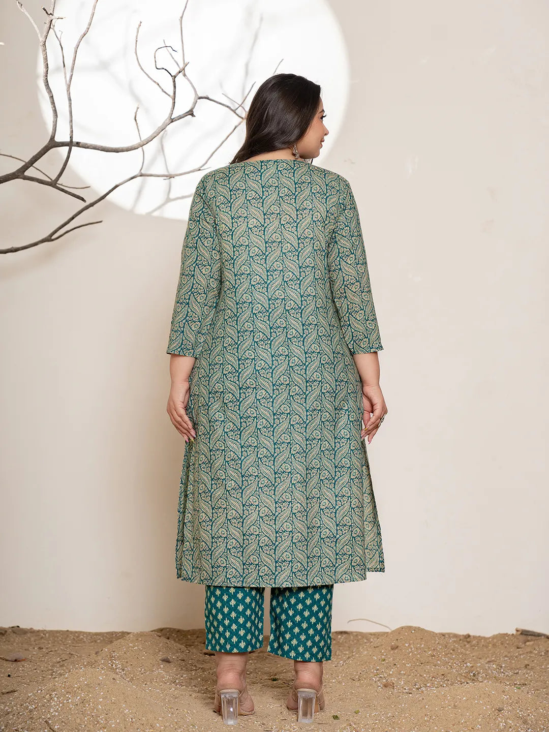 Yufta Teal Green Embroidered Cotton Plus Size Suit Set