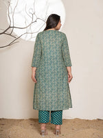 Thumbnail for Yufta Teal Green Embroidered Cotton Plus Size Suit Set