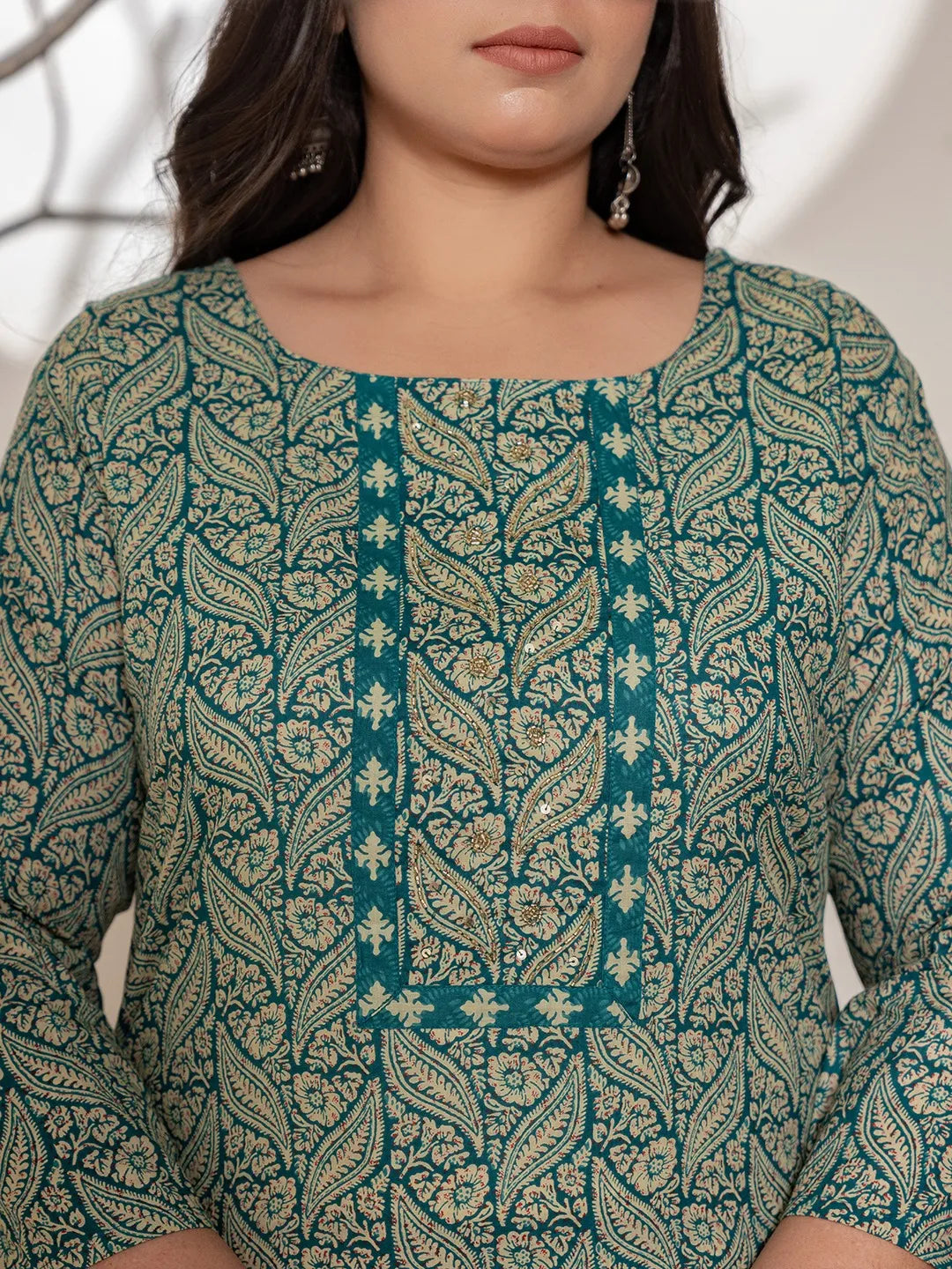 Yufta Teal Green Embroidered Cotton Plus Size Suit Set