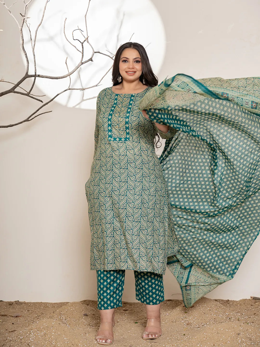 Yufta Teal Green Embroidered Cotton Plus Size Suit Set