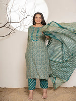 Thumbnail for Yufta Teal Green Embroidered Cotton Plus Size Suit Set