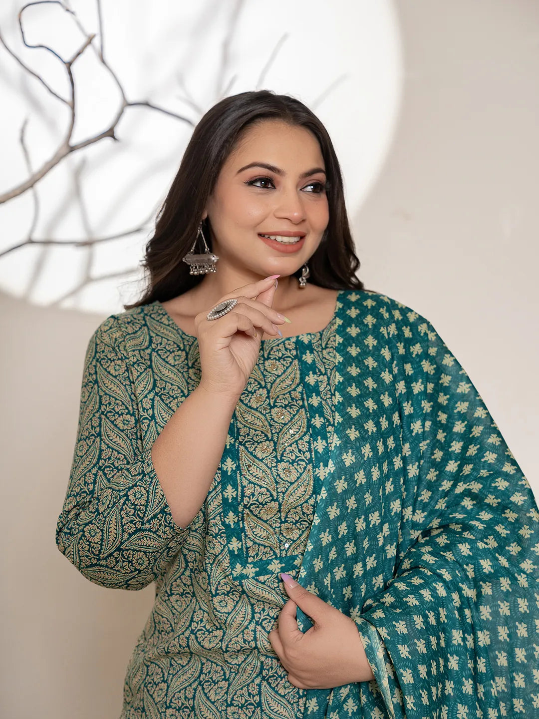Yufta Teal Green Embroidered Cotton Plus Size Suit Set