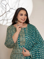 Thumbnail for Yufta Teal Green Embroidered Cotton Plus Size Suit Set