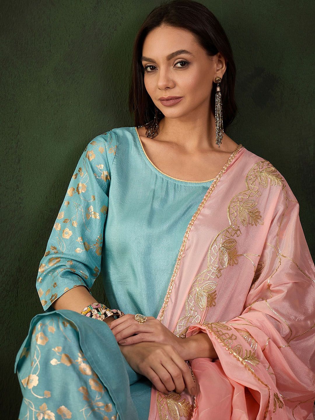 Sangria Woven Design Kurta & Palazzo With Dupatta - Distacart