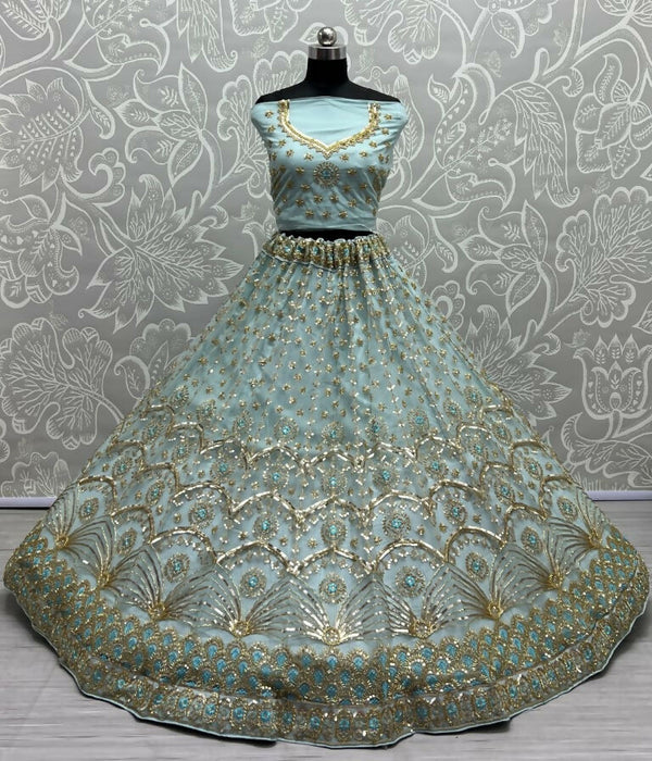 Jyoti Fashion Women's Sky Blue Bridal Net Fancy Sequins with Multi Thread Embroidered & Handwork Wedding Lehenga Choli - Distacart