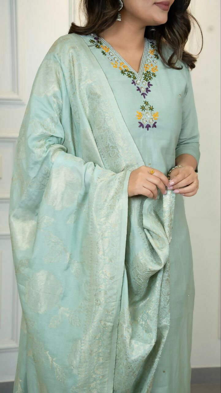 Preksha Creation Premium C Green Roman Silk Hand Work Kurti Pant Dupatta Set