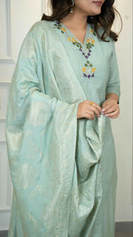 Thumbnail for Preksha Creation Premium C Green Roman Silk Hand Work Kurti Pant Dupatta Set