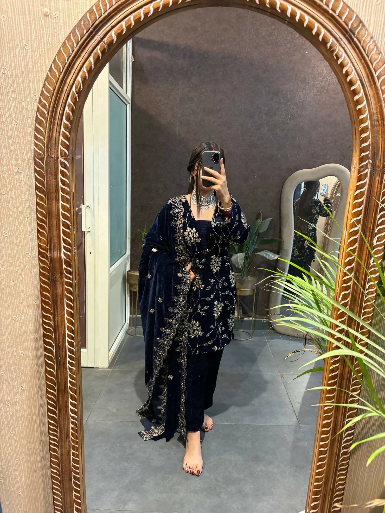 Vastranavya Blue Velvet Front Embroidery Work Kurta With Bottom & Dupatta