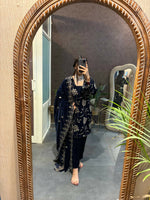 Thumbnail for Vastranavya Blue Velvet Front Embroidery Work Kurta With Bottom & Dupatta