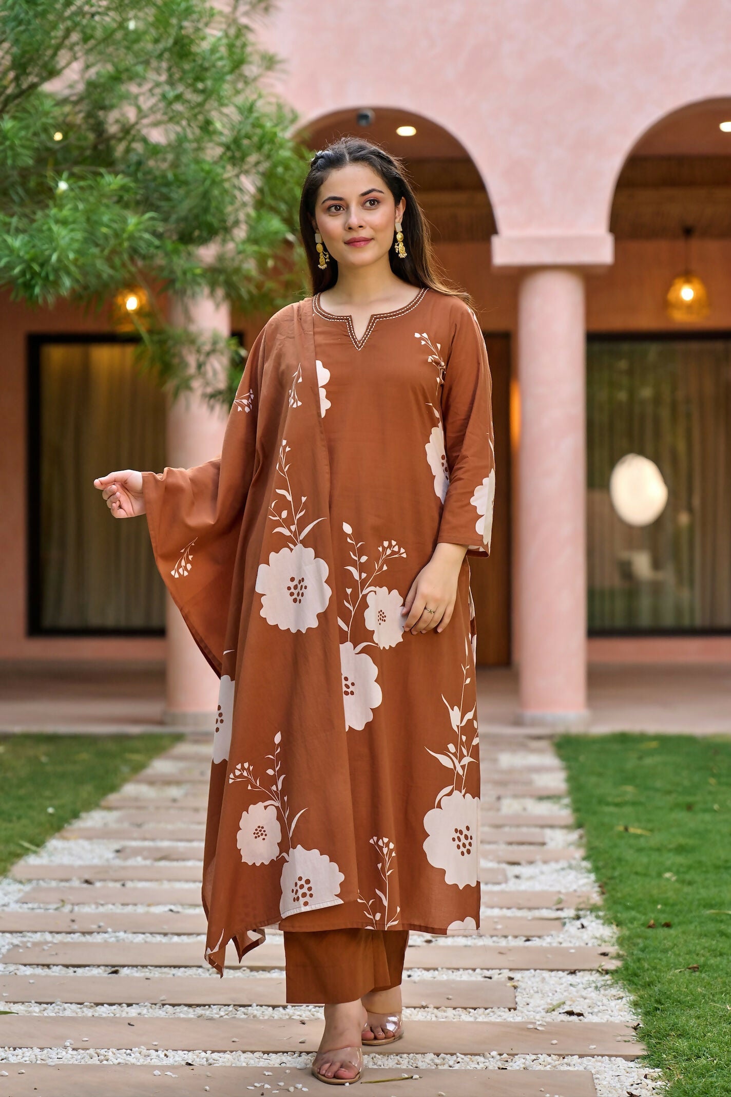 The52 Women's Gorgeous Printed Work Muslin Fabric Straight Kurta Pant and Dupatta Set-Brown - Dista